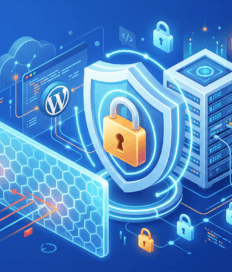Illustration of cybersecurity with a shield, padlock, server, firewall, and digital security icons, symbolizing WordPress security and best practices to protect WordPress websites and data from online threats.
