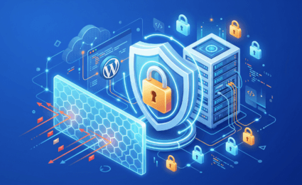 Illustration of cybersecurity with a shield, padlock, server, firewall, and digital security icons, symbolizing WordPress security and best practices to protect WordPress websites and data from online threats.