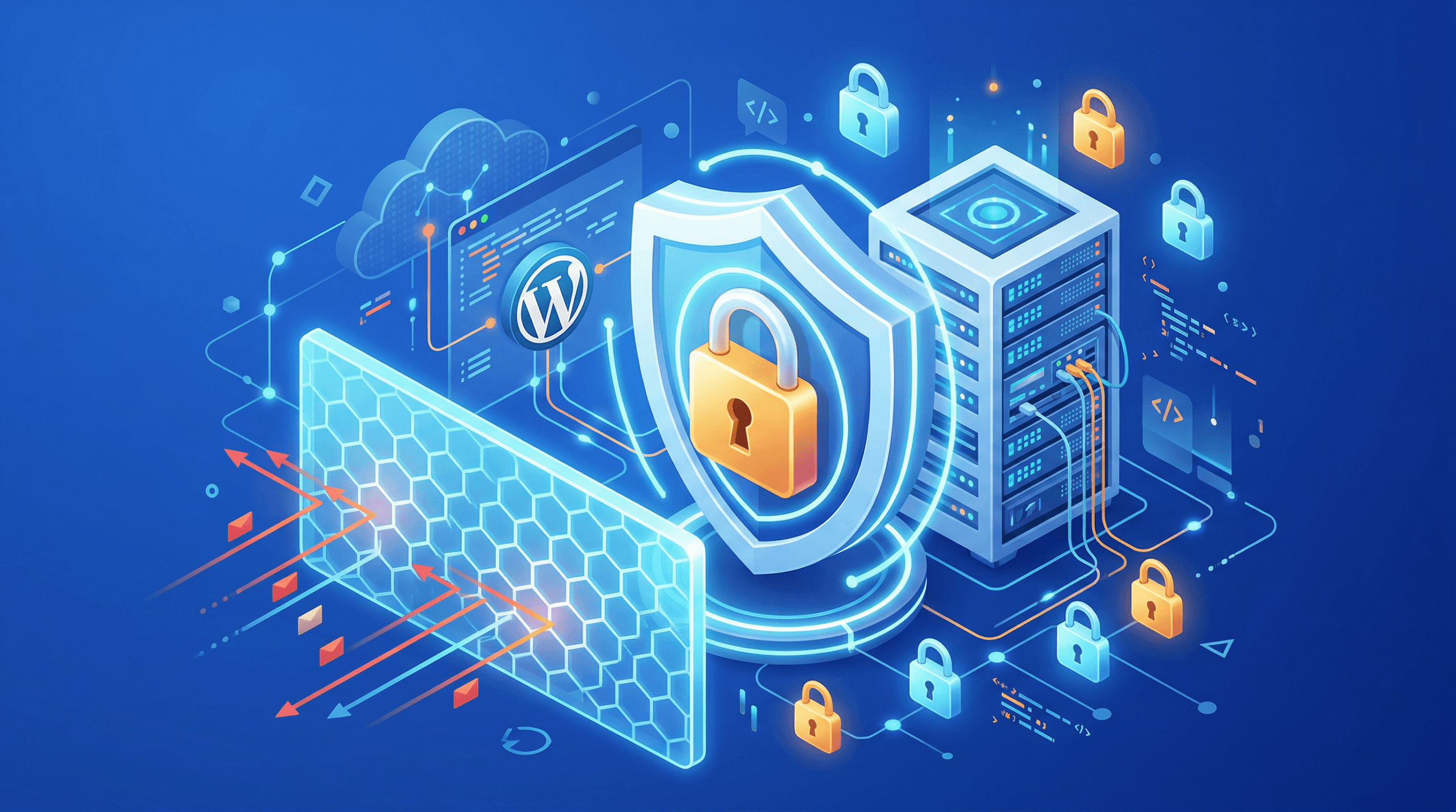 Illustration of cybersecurity with a shield, padlock, server, firewall, and digital security icons, symbolizing WordPress security and best practices to protect WordPress websites and data from online threats.