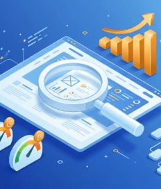 Illustration of a computer screen with a magnifying glass, bar graph, gears, and performance meters, representing technical SEO and business growth on a blue background.
