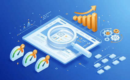 Illustration of a computer screen with a magnifying glass, bar graph, gears, and performance meters, representing technical SEO and business growth on a blue background.