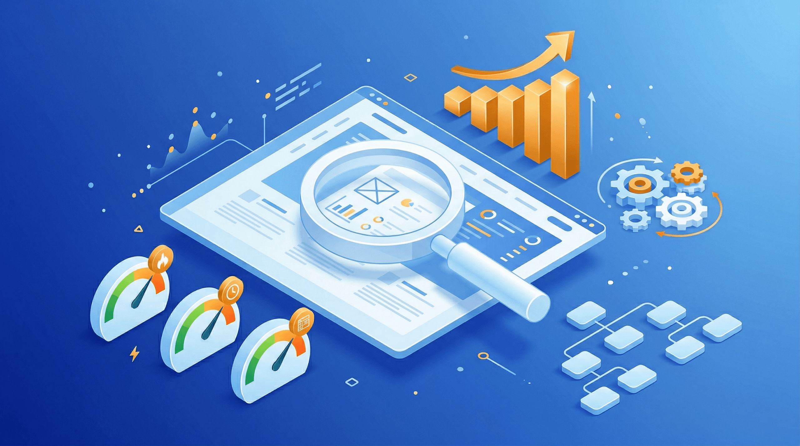 Illustration of a computer screen with a magnifying glass, bar graph, gears, and performance meters, representing technical SEO and business growth on a blue background.