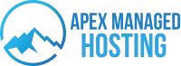 The logo of Apex Managed Hosting features stylized mountains within a circle, symbolizing their expertise in managed web hosting, positioned to the left of the company name in bold white text.