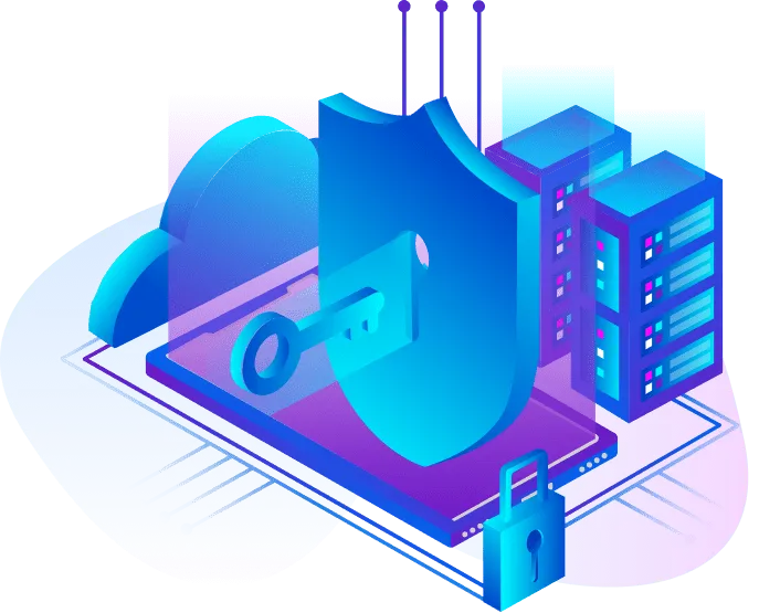 Digital security concept featuring a shield, keyhole, cloud, server stack, and padlock, symbolizing data protection and online safety—key elements in managed web hosting for robust defense against cyber threats.