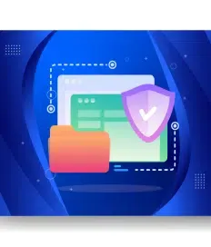 Illustration of a computer screen with a file folder and a shield icon, suggesting data security or protection in web hosting, set against a blue abstract background.
