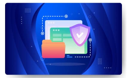 Illustration of a computer screen with a file folder and a shield icon, suggesting data security or protection in web hosting, set against a blue abstract background.