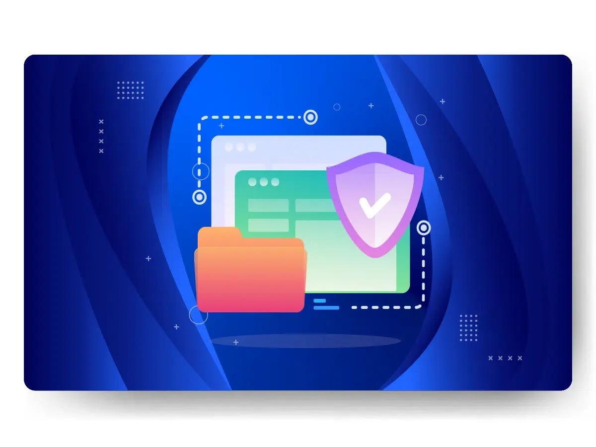 Illustration of a computer screen with a file folder and a shield icon, suggesting data security or protection in web hosting, set against a blue abstract background.