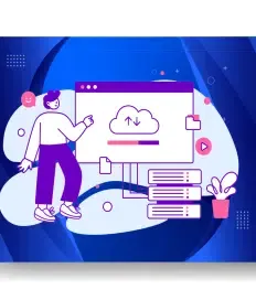 Illustration of a person interacting with a cloud computing interface on a screen, featuring upload and download icons, server stacks, and a potted plant on a blue abstract background. This scene subtly hints at the seamless world of managed hosting in web development.