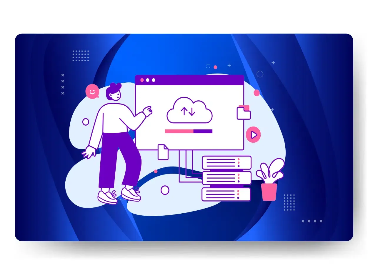 Illustration of a person interacting with a cloud computing interface on a screen, featuring upload and download icons, server stacks, and a potted plant on a blue abstract background. This scene subtly hints at the seamless world of managed hosting in web development.