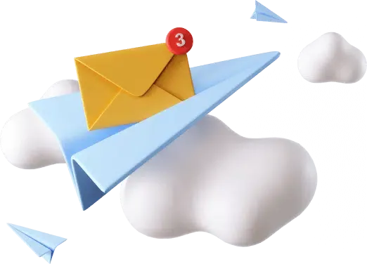 A 3D illustration of a paper plane carrying a yellow envelope with a notification badge showing the number 3, flying among white clouds, symbolizing streamlined managed hosting.
