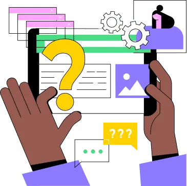 Illustration of hands holding a tablet displaying icons such as a question mark, gears, and dialogue boxes, symbolizing managed web hosting or digital communication for WordPress problem-solving solutions.