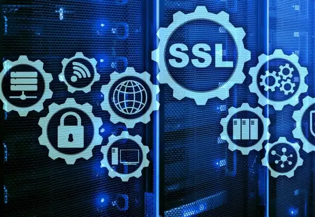 A blue server room displays digital icons on a screen, including SSL, lock, and globe symbols, embodying internet security and connectivity. This setting highlights the efficiency of managed web hosting in ensuring robust protection and seamless operations for WordPress sites.