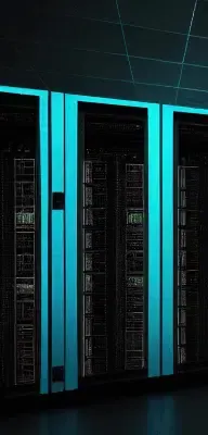 A row of illuminated server racks in a dimly lit room showcases the intricate components and cables inside, seamlessly powering managed web hosting solutions.
