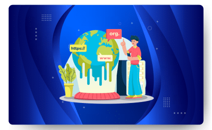 Illustration of a person pointing at a globe dripping paint, labeled "https://", "www.", and ".org," representing the digital world of managed hosting. A potted plant and server tower sit nearby on a blue abstract background, embodying the essence of web hosting services like WordPress.