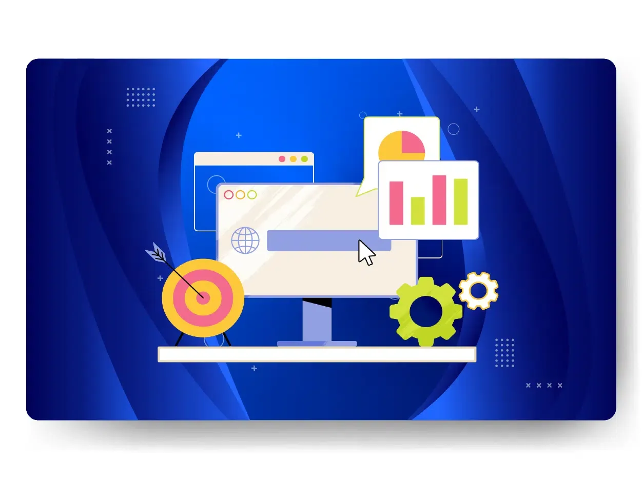 An illustration of a computer monitor displaying charts and a web browser, highlighting managed hosting services. Surrounding icons include a target, gear, and speech bubble, all set against a blue abstract background.