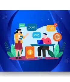 Illustration of two people discussing domain options: .com, .org, .net. One stands holding a tablet, exploring managed hosting solutions, while the other sits with a laptop. Background is blue with abstract shapes.
