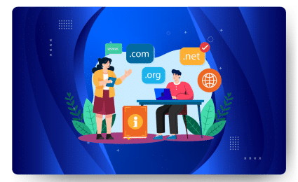 Illustration of two people discussing domain options: .com, .org, .net. One stands holding a tablet, exploring managed hosting solutions, while the other sits with a laptop. Background is blue with abstract shapes.