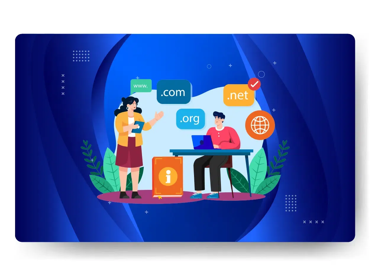 Illustration of two people discussing domain options: .com, .org, .net. One stands holding a tablet, exploring managed hosting solutions, while the other sits with a laptop. Background is blue with abstract shapes.
