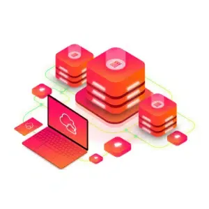 Abstract illustration of cloud computing with vibrant colors, featuring a laptop, interconnected servers, and cloud icons, symbolizing managed web hosting and digital connectivity.