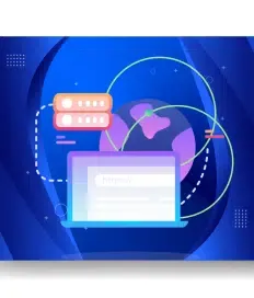 Illustration of a laptop with a web address bar, a server icon, and an interconnected globe on a blue background, symbolizing efficient managed web hosting.