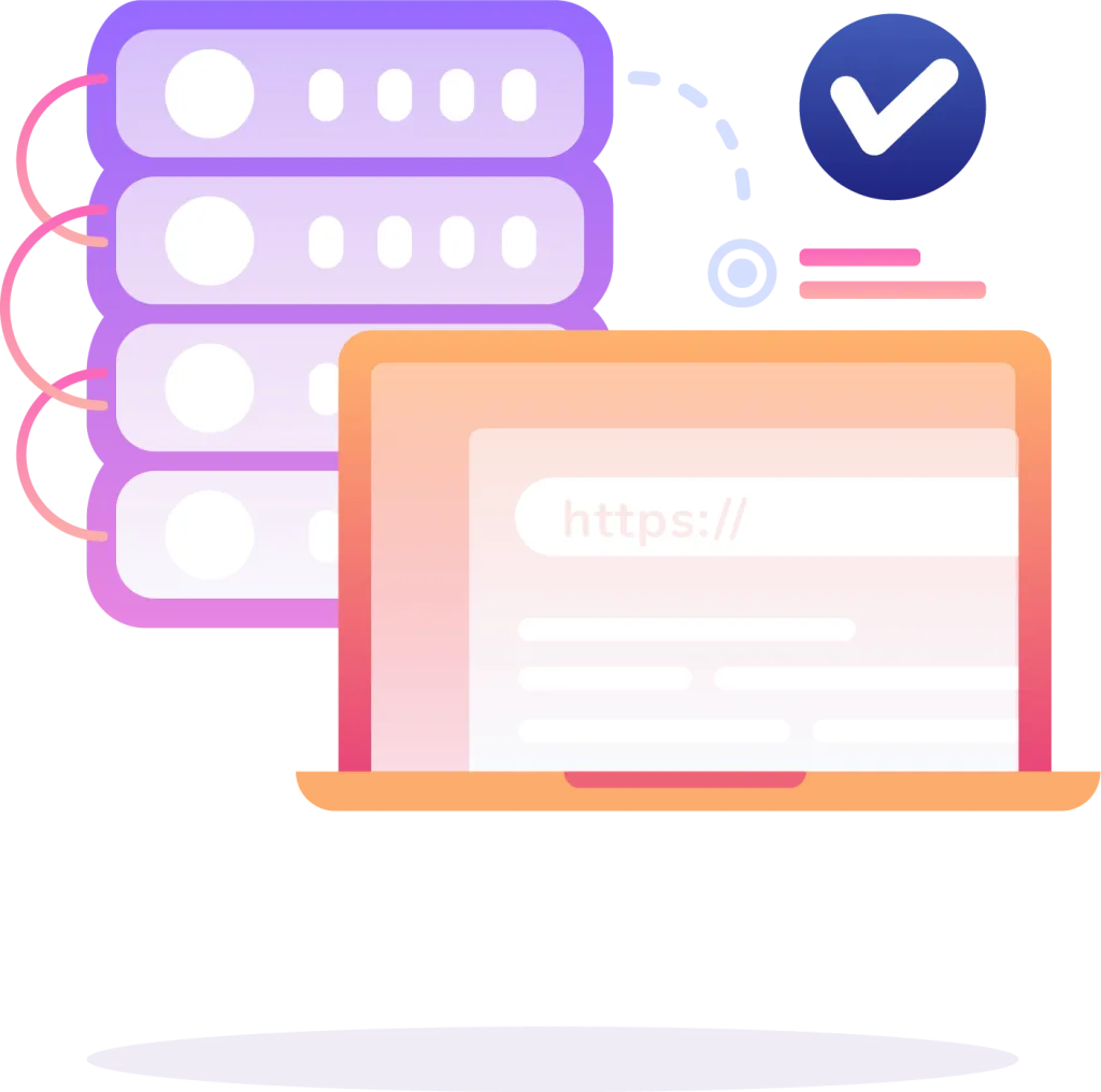 Illustration of a laptop with a secure website URL, connected to servers for managed web hosting, and a checkmark symbolizing verification.