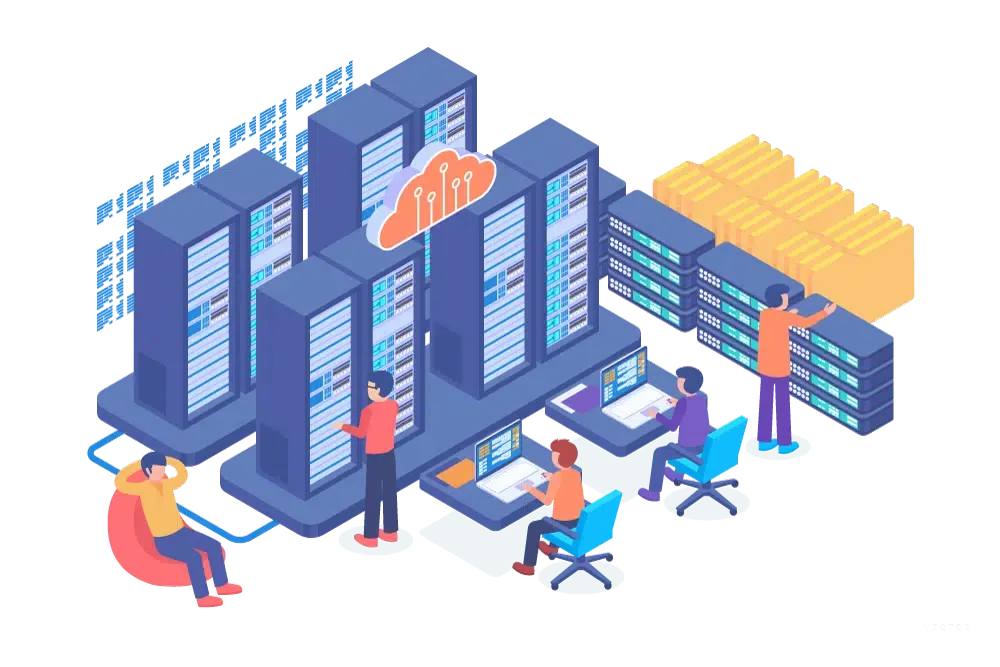 Illustration of a data center with several servers, three people at desks working on computers, and a cloud icon above the servers, showcasing managed web hosting in action.
