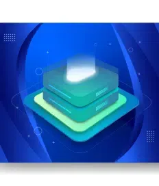 An abstract graphic with stacked translucent layers on a blue background, featuring geometric shapes and glowing effects, reminiscent of the structured elegance found in managed web hosting designs.