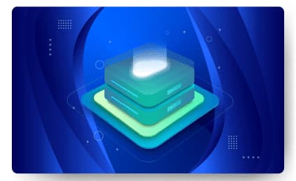 An abstract graphic with stacked translucent layers on a blue background, featuring geometric shapes and glowing effects, reminiscent of the structured elegance found in managed web hosting designs.
