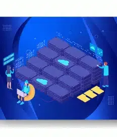 Illustration of people interacting with cloud servers. Three figures use digital interfaces and laptops, with abstract server racks in the center. The scene highlights managed web hosting while a background features a blue digital design, evoking the essence of WordPress efficiency.