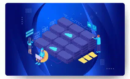 Illustration of people interacting with cloud servers. Three figures use digital interfaces and laptops, with abstract server racks in the center. The scene highlights managed web hosting while a background features a blue digital design, evoking the essence of WordPress efficiency.