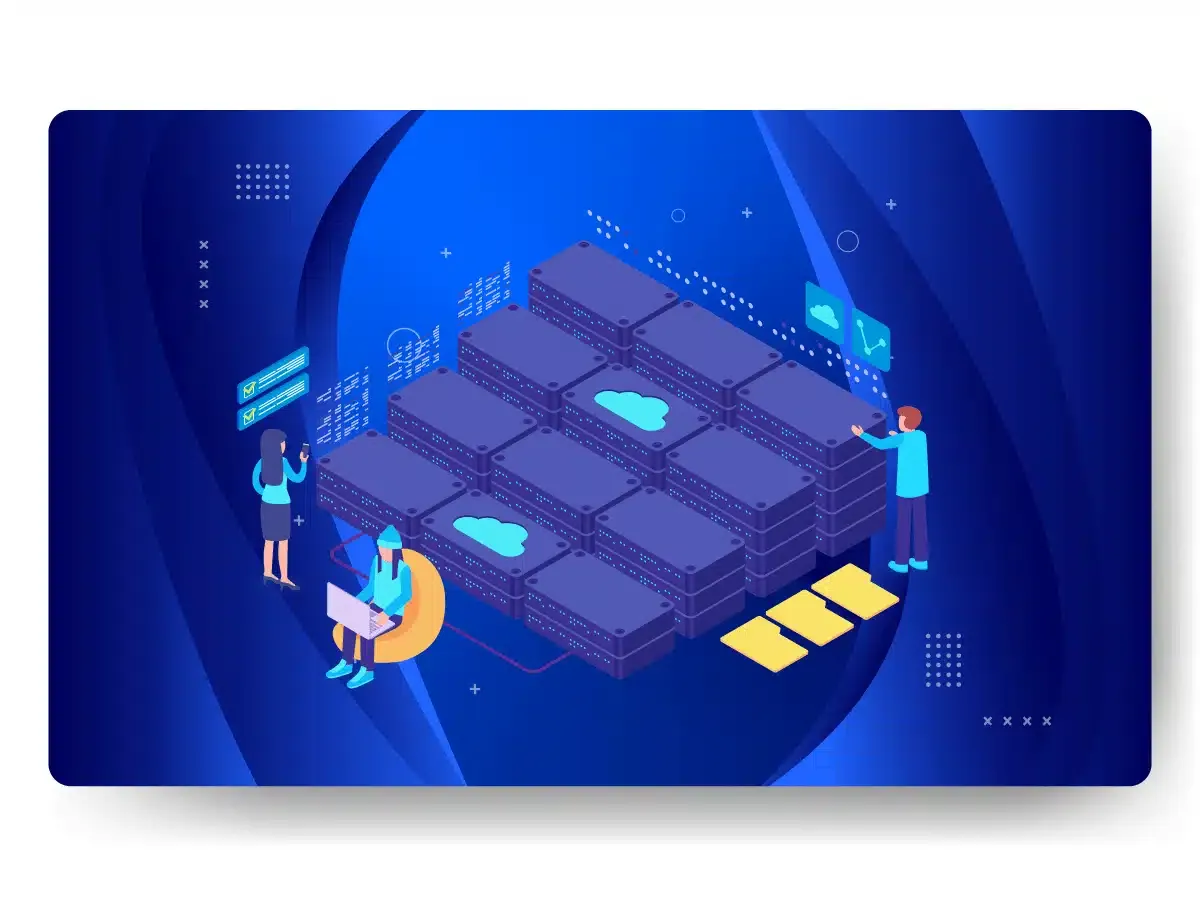 Illustration of people interacting with cloud servers. Three figures use digital interfaces and laptops, with abstract server racks in the center. The scene highlights managed web hosting while a background features a blue digital design, evoking the essence of Wordpress efficiency.