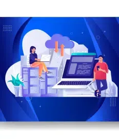 Illustration of two people with laptops, a large computer screen displaying code, servers, and a cloud with arrows—an ideal depiction of managed web hosting—all set against a blue background.