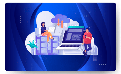 Illustration of two people with laptops, a large computer screen displaying code, servers, and a cloud with arrows—an ideal depiction of managed web hosting—all set against a blue background.