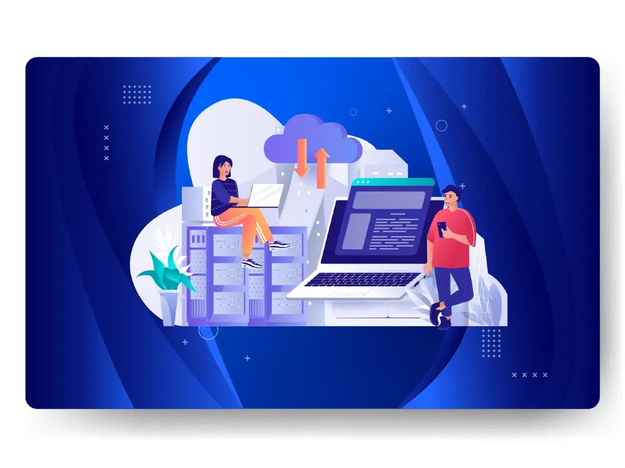 Illustration of two people with laptops, a large computer screen displaying code, servers, and a cloud with arrows—an ideal depiction of managed web hosting—all set against a blue background.