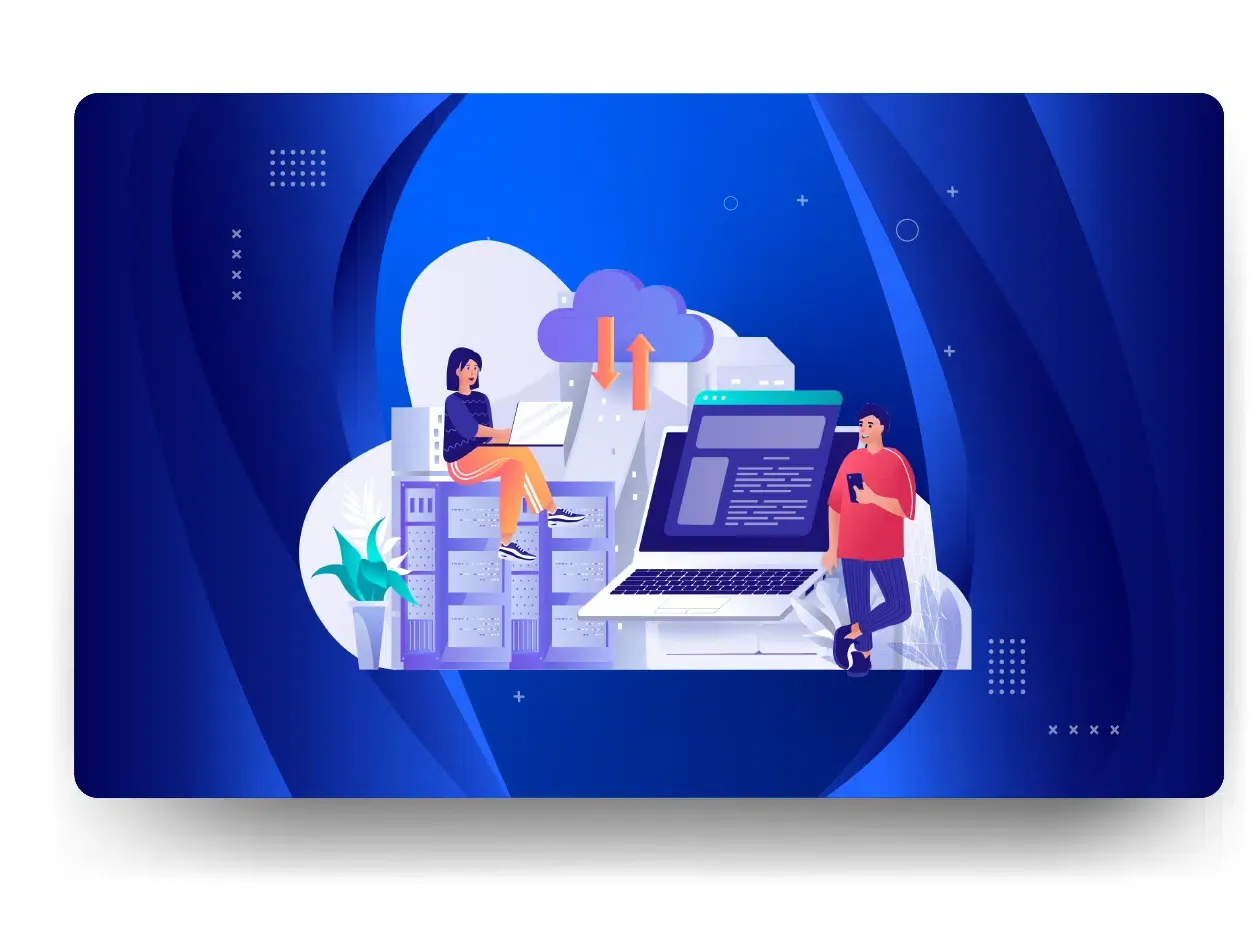Illustration of two people with laptops, surrounded by cloud icons, digital files, and servers on a blue background, representing managed web hosting and cloud computing technology.