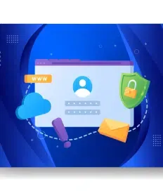 Digital security illustration featuring a user login screen, cloud, email, and shield with a lock, highlighted by an exclamation mark on a blue background. This visual emphasizes the importance of managed web hosting in safeguarding online environments.
