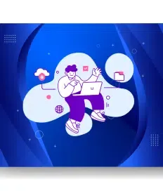 Illustration of a person sitting with a laptop, surrounded by cloud icons, a globe, and security symbols on a blue abstract background, symbolizing the seamless efficiency of managed web hosting.