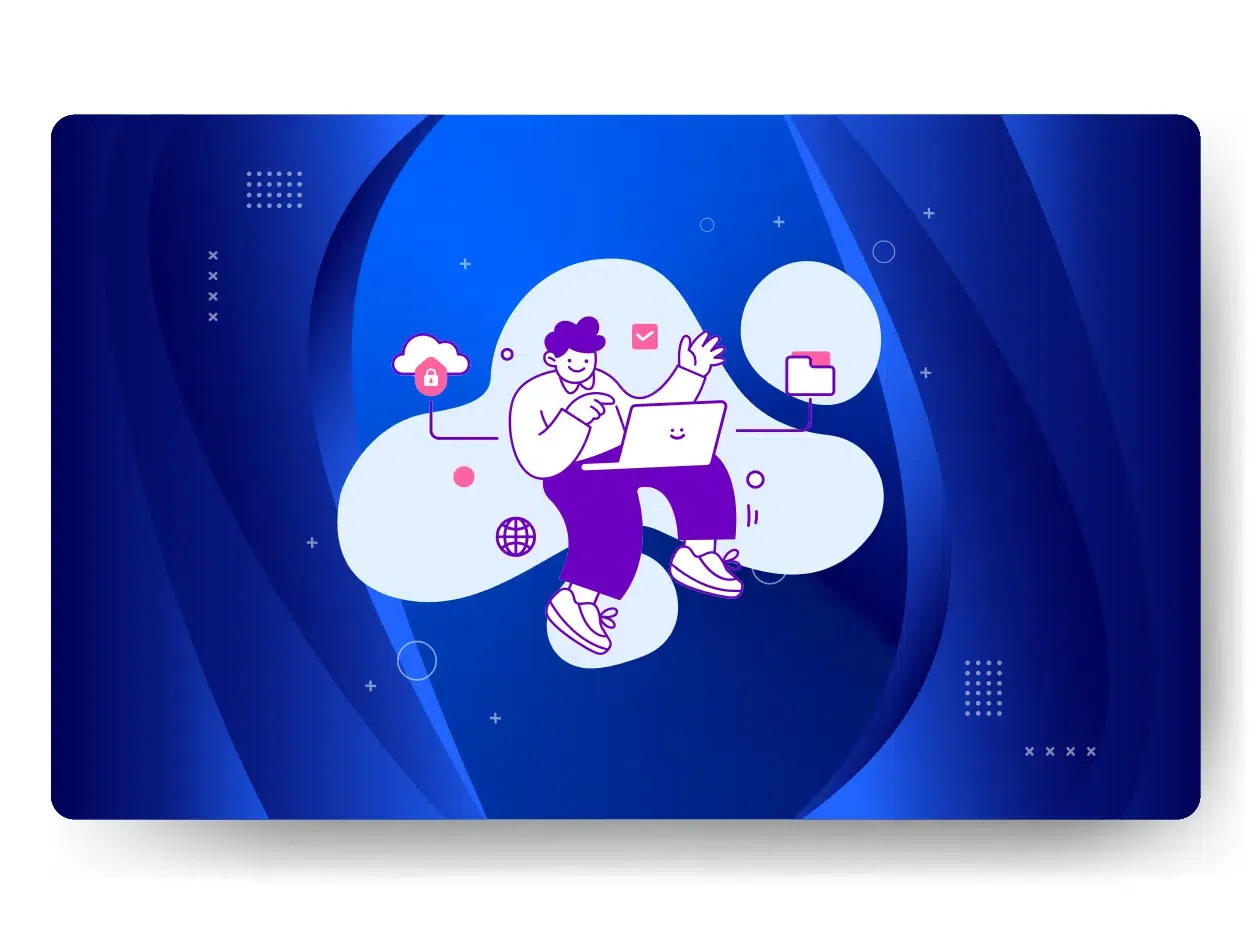 Illustration of a person sitting with a laptop, surrounded by cloud icons, a globe, and security symbols on a blue abstract background, symbolizing the seamless efficiency of managed web hosting.