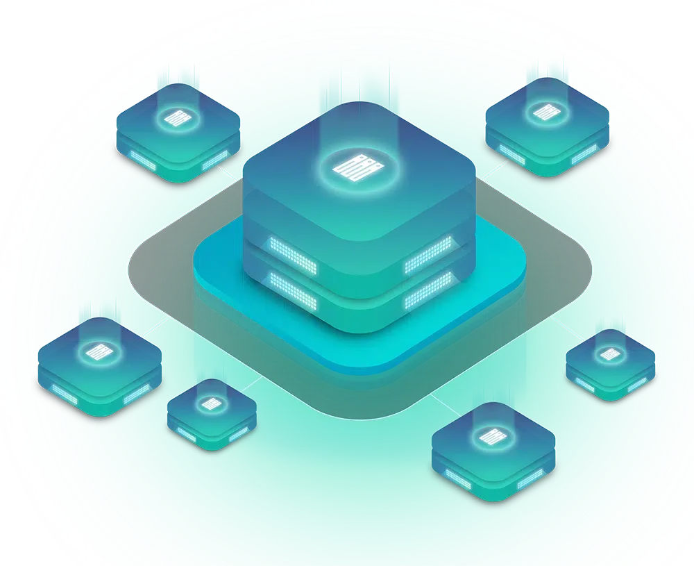 A digital illustration of interconnected, glowing teal servers in a network arrangement on a circular platform, resembling the seamless infrastructure of managed web hosting.