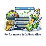 Illustration of servers, a speedometer, rocket, SEO coins, tools, and a shield representing performance and optimization in technology or website management.