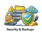 Illustration of servers, shield with checkmark, padlock, key, folder, cloud, USB drive, and coins, representing security and backups. Text below reads 