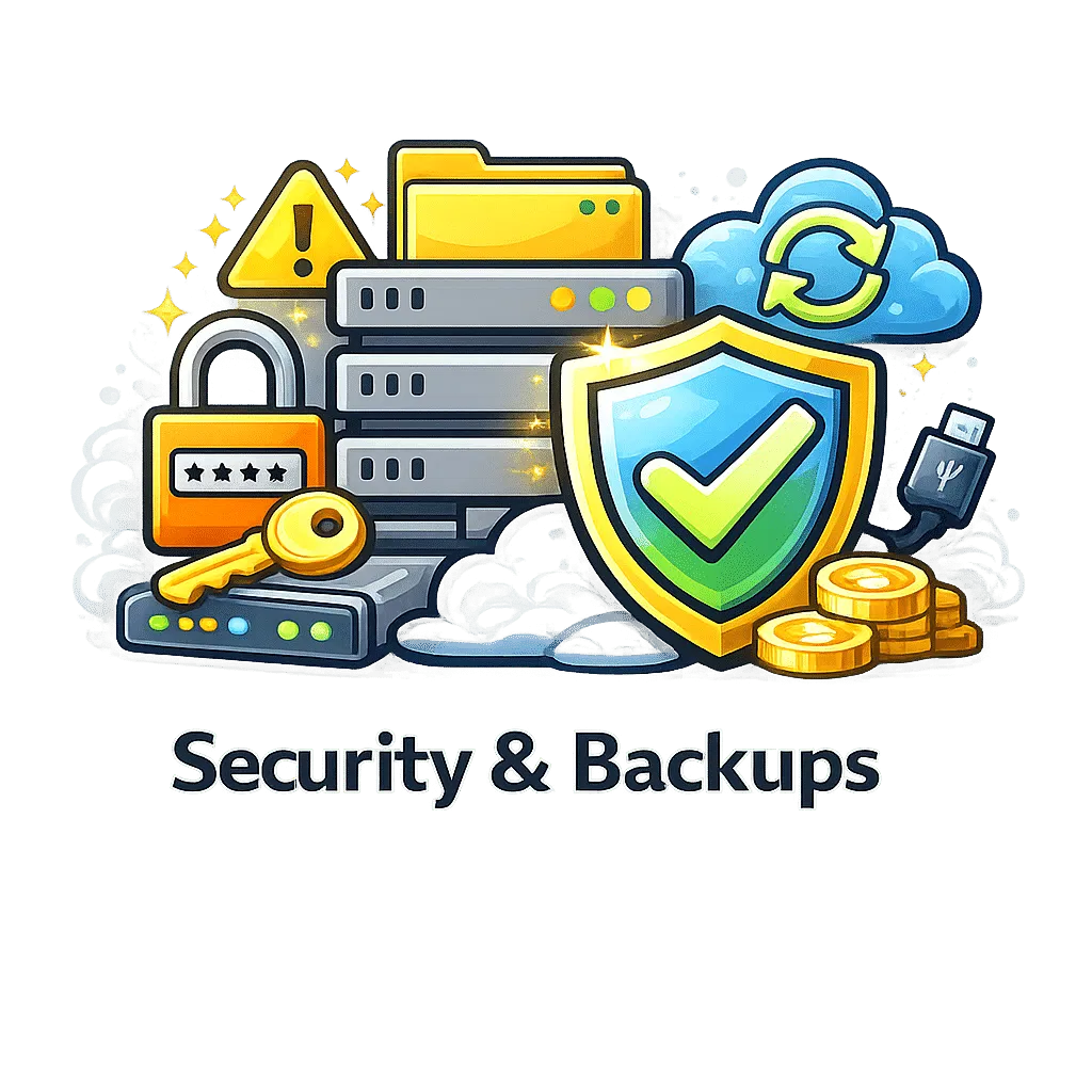 Illustration of servers, a shield with a check mark, a cloud, lock, key, USB drive, coins, and folder, representing security and backups for Metasync test environments.