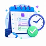 3D illustration of a calendar with scheduled tasks, a clock, a check mark, server blocks, and a cloud to represent planning, scheduling, and data management.
