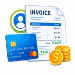 A credit card, invoice with itemized charges, green "PAID" stamp, profile icon, and stacked gold coins are shown.