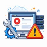 Illustration of a computer screen with an error message, a wrench, a gear, a warning sign, and server icons, representing technical issues or system maintenance.