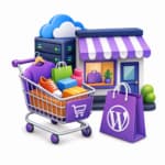3D illustration of a shopping cart with clothing, shoes, and boxes, next to a storefront, a server, and a purple WordPress shopping bag, depicting e-commerce and online shopping.