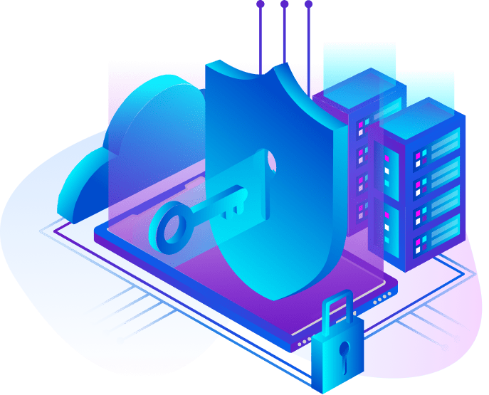 Digital security concept featuring a shield, keyhole, cloud, server stack, and padlock, symbolizing data protection and online safety—key elements in managed web hosting for robust defense against cyber threats.