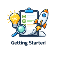 Illustration of a clipboard checklist, magnifying glass, light bulb, and rocket with the text "Getting Started" below.